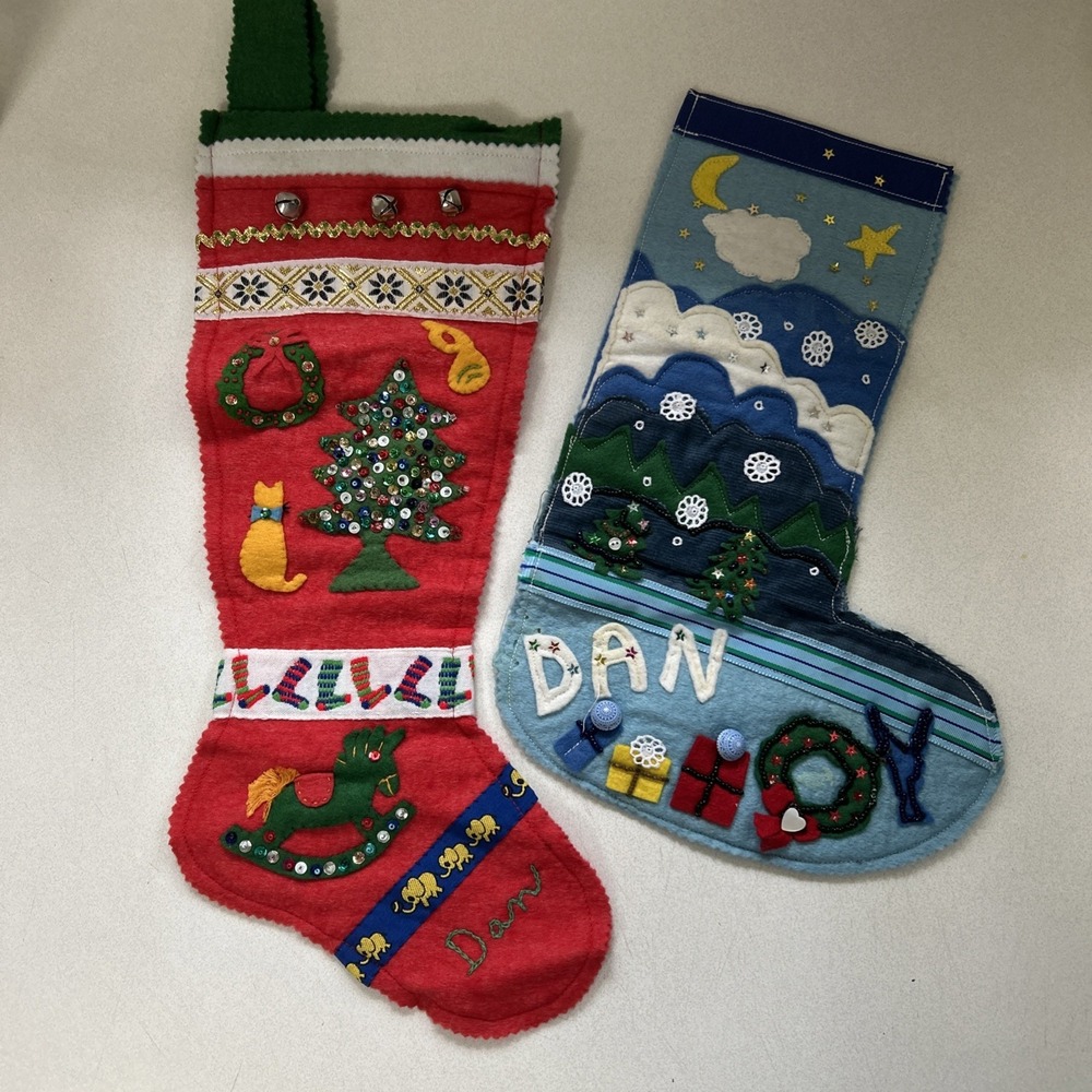 Vintage Handmade Felt Sequin Bead Appliqué Christmas Stockings Embroidered "Dan"